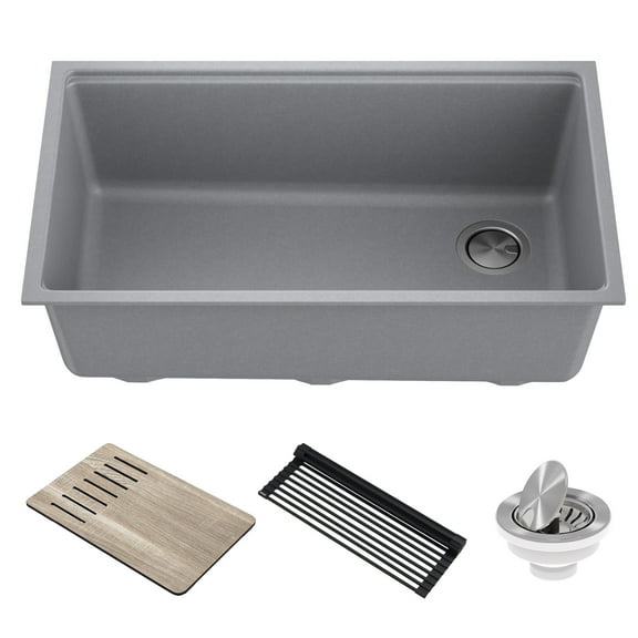 KRAUS Bellucci 32” in. Undermount Workstation Granite Kitchen Sink in Metallic Gray with Accessories