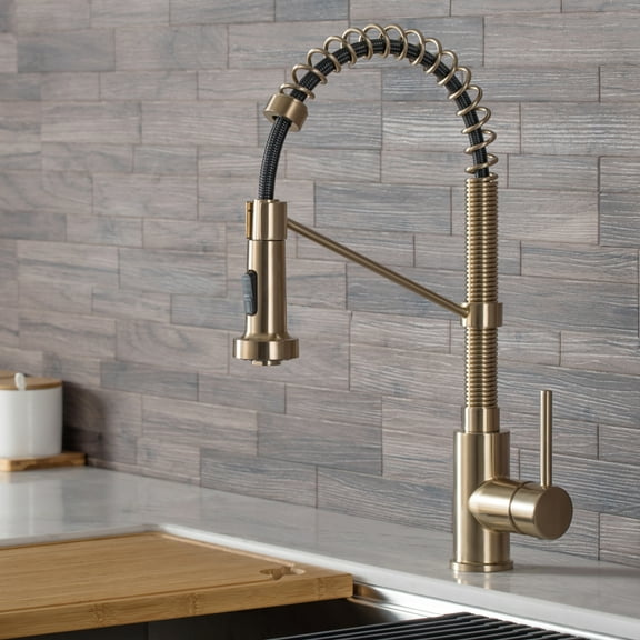 Kraus Bolden Single Handle 18-Inch Commercial Kitchen Faucet with Soap Dispenser in Spot Free Antique Champagne Bronze Finish