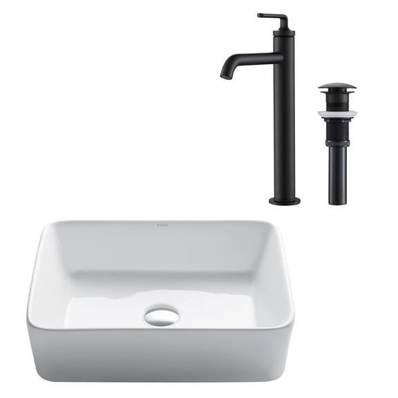 Kraus Elavo 19 in. Rectangular Vessel White Porcelain Bathroom Sink with Ramus Vessel Bathroom Faucet and Pop-Up Drain in Matte Black