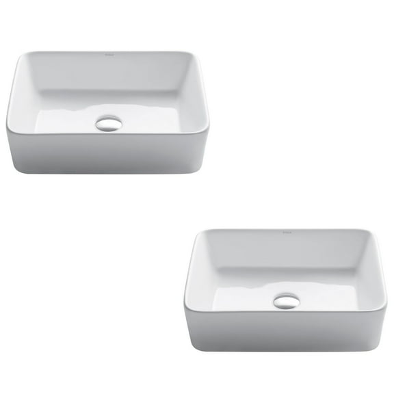 Kraus Elavo Modern Rectangular Vessel White Porcelain Ceramic Bathroom Sink, 19 inch (2-Pack)