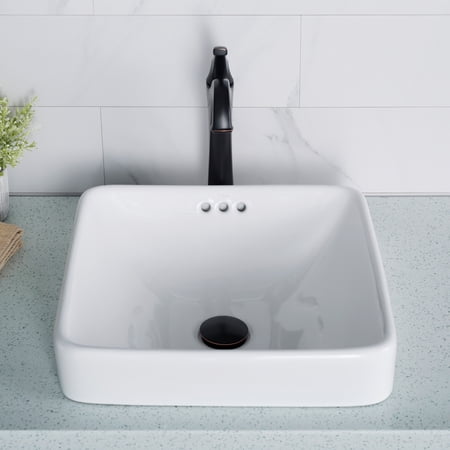 Kraus Elavo Square Semi-Recessed Vessel White Porcelain Ceramic Bathroom Sink with Overflow, 16 1/2 inch (2-Pack)