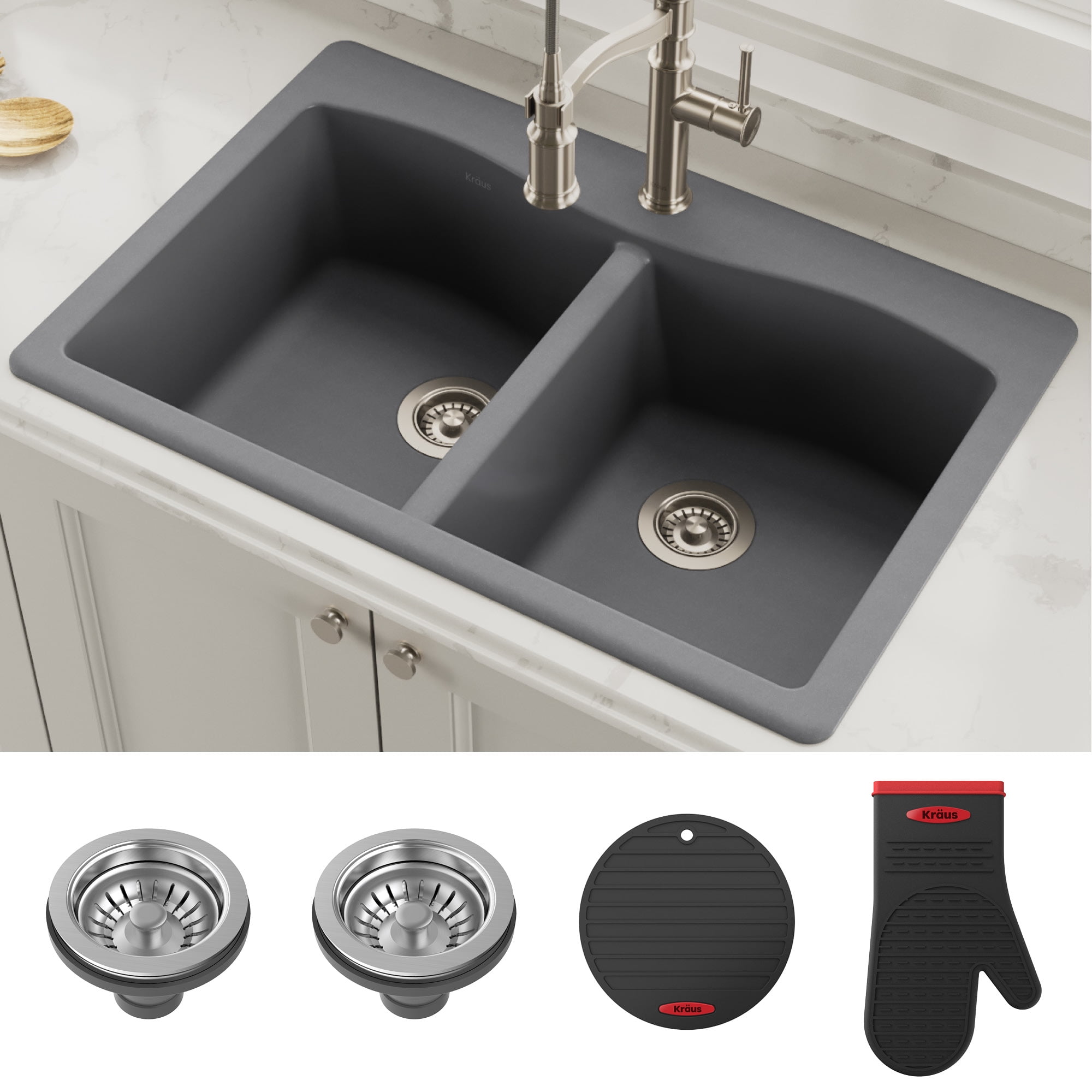 Gray Granite Dual Bowl Drop-In Kitchen Sink with Accessories