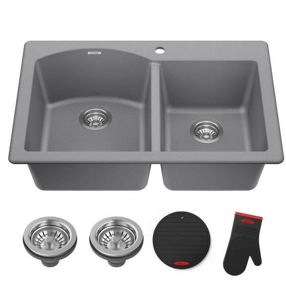 KRAUS Forteza 33” Drop In / Undermount 60/40 Double Bowl Granite Kitchen Sink in Grey