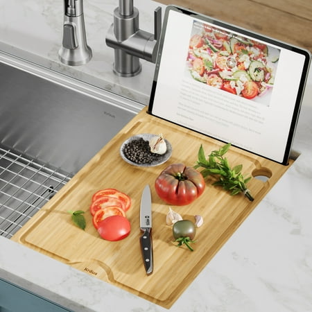 Kraus KCBT-WS103BB Solid Bamboo Cutting Board with Mobile Device Holder