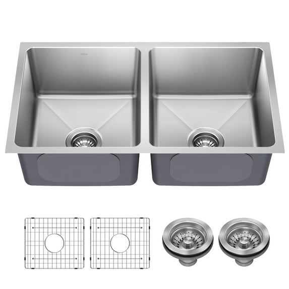 KRAUS Fairlane 33” Undermount Double Bowl 18-Gauge Stainless Steel Kitchen Sink