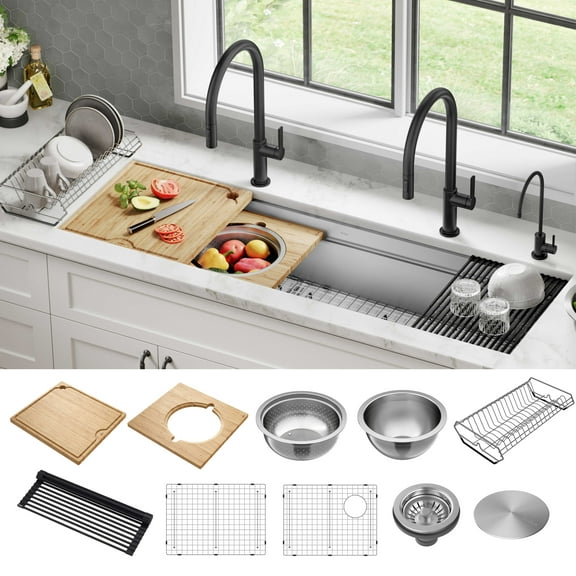 KRAUS Kore 57" Undermount Workstation 16 Gauge Single Bowl Stainless Steel Kitchen Sink with 10 Accessories