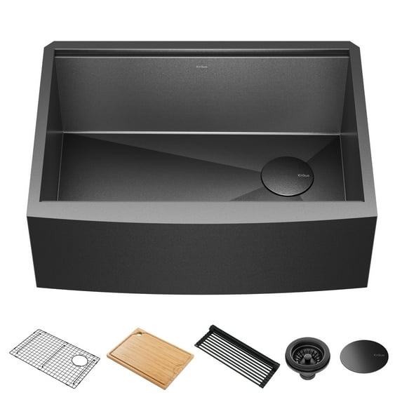 Kraus Kore 27 Farmhouse Apron Front Workstation 16 Gauge Stainless Steel Single Bowl Kitchen Sink in PVD Gunmetal Finish with Accessories