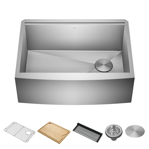 KRAUS Kore 27" Farmhouse Workstation 16 Gauge Single Bowl Stainless Steel Kitchen Sink with Accessories