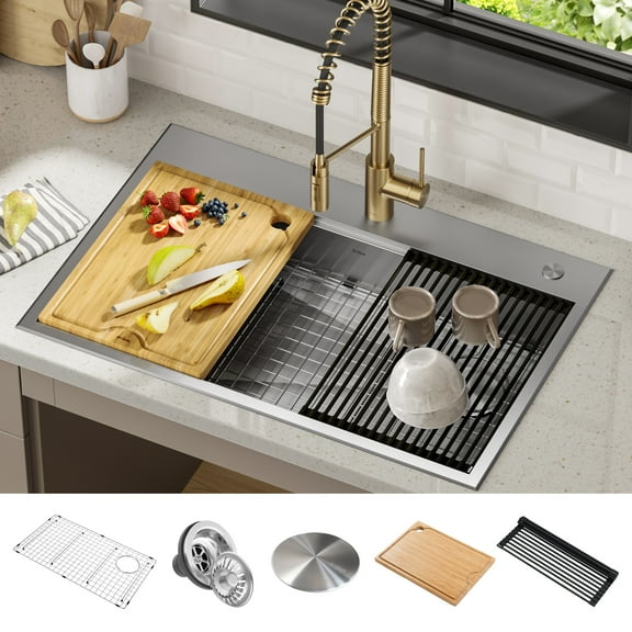Kraus Kore ADA Workstation 33 Drop-In Topmount 16 Gauge Stainless Steel Single Bowl Kitchen Sink with Accessories