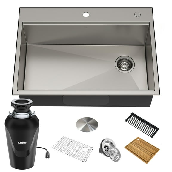 Kraus Kore Workstation 30-inch Drop-In or Undermount 16 Gauge Single Bowl Stainless Steel Kitchen Sink with Accessories (Pack of 5) with Waste Guard Continuous Feed Garbage Disposal
