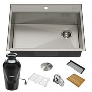 Kraus Kore Workstation 30-inch Drop-In or Undermount 16 Gauge Single Bowl Stainless Steel Kitchen Sink with Accessories Pack of 5 with Waste Guard Continuous Feed Garbage Disposal