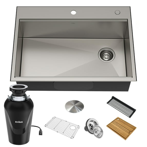 Kraus Kore Workstation 30-inch Drop-In or Undermount 16 Gauge Single Bowl Stainless Steel Kitchen Sink with Accessories (Pack of 5) with Waste Guard Continuous Feed Garbage Disposal