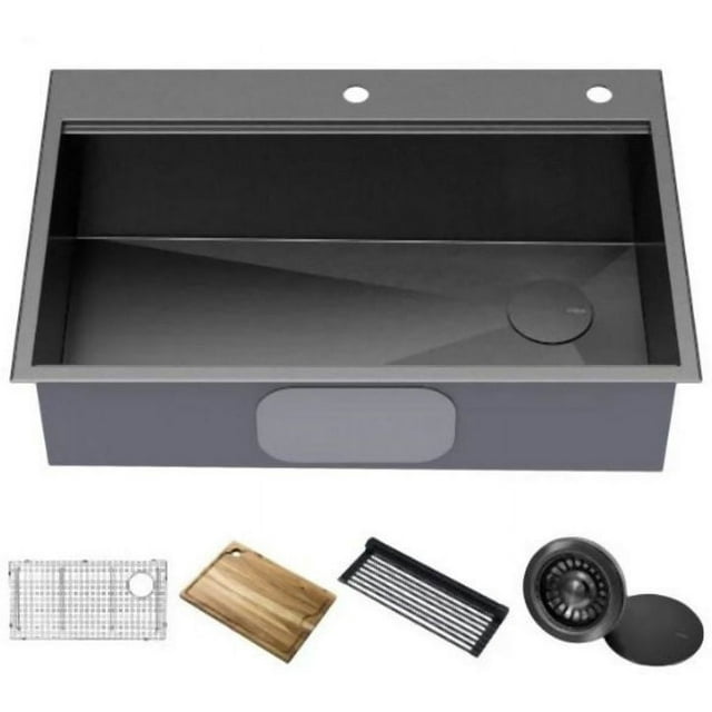 Kraus Kore Workstation 33 inch Topmount Drop-In 16 Gauge Stainless Steel Single Bowl Kitchen Sink in PVD Gunmetal Finish with Accessories