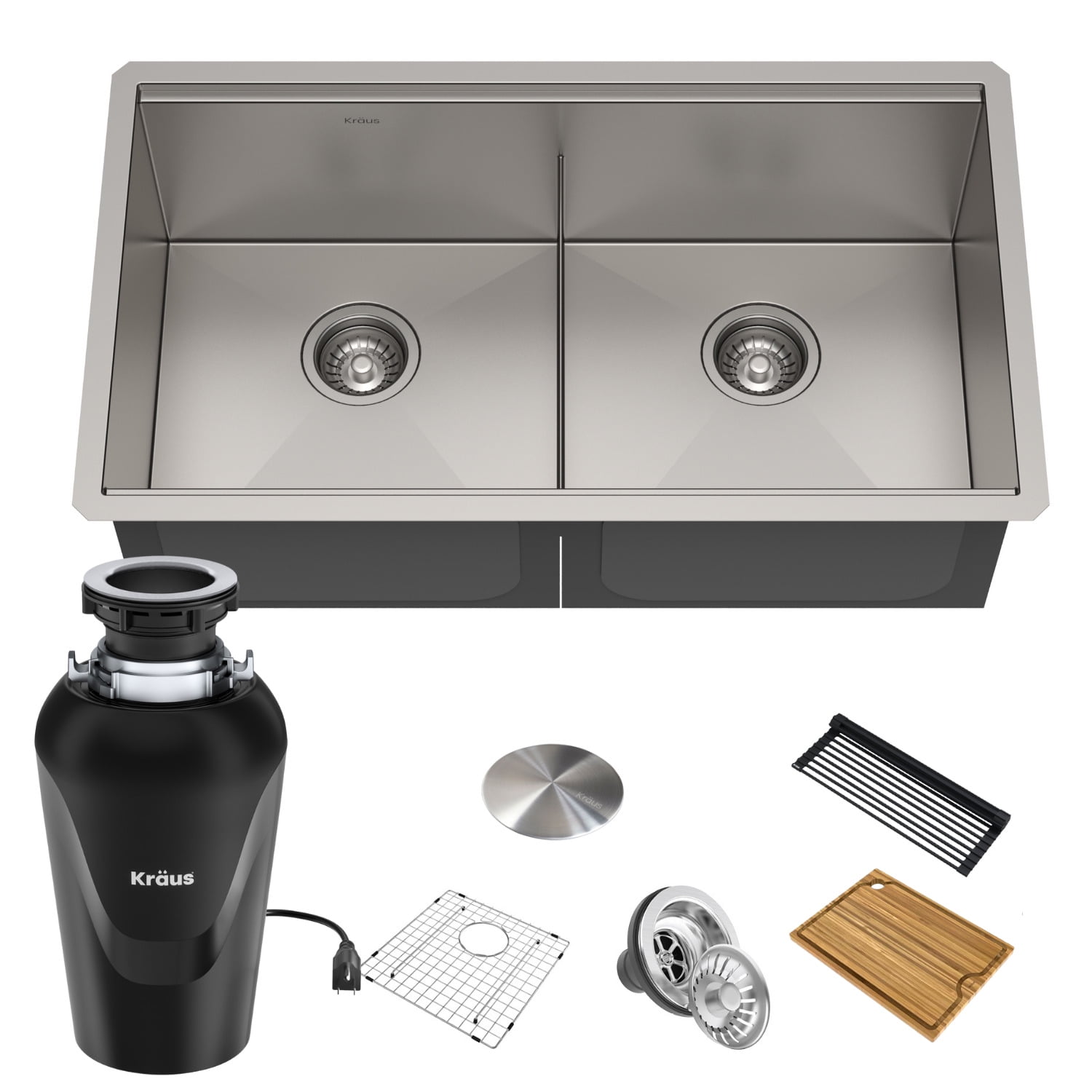 Kraus Kore Workstation 33-inch Undermount 16 Gauge Double Bowl Stainless Steel Kitchen Sink with Accessories (Pack of 8) with Waste Guard Continuous Feed Garbage Disposal