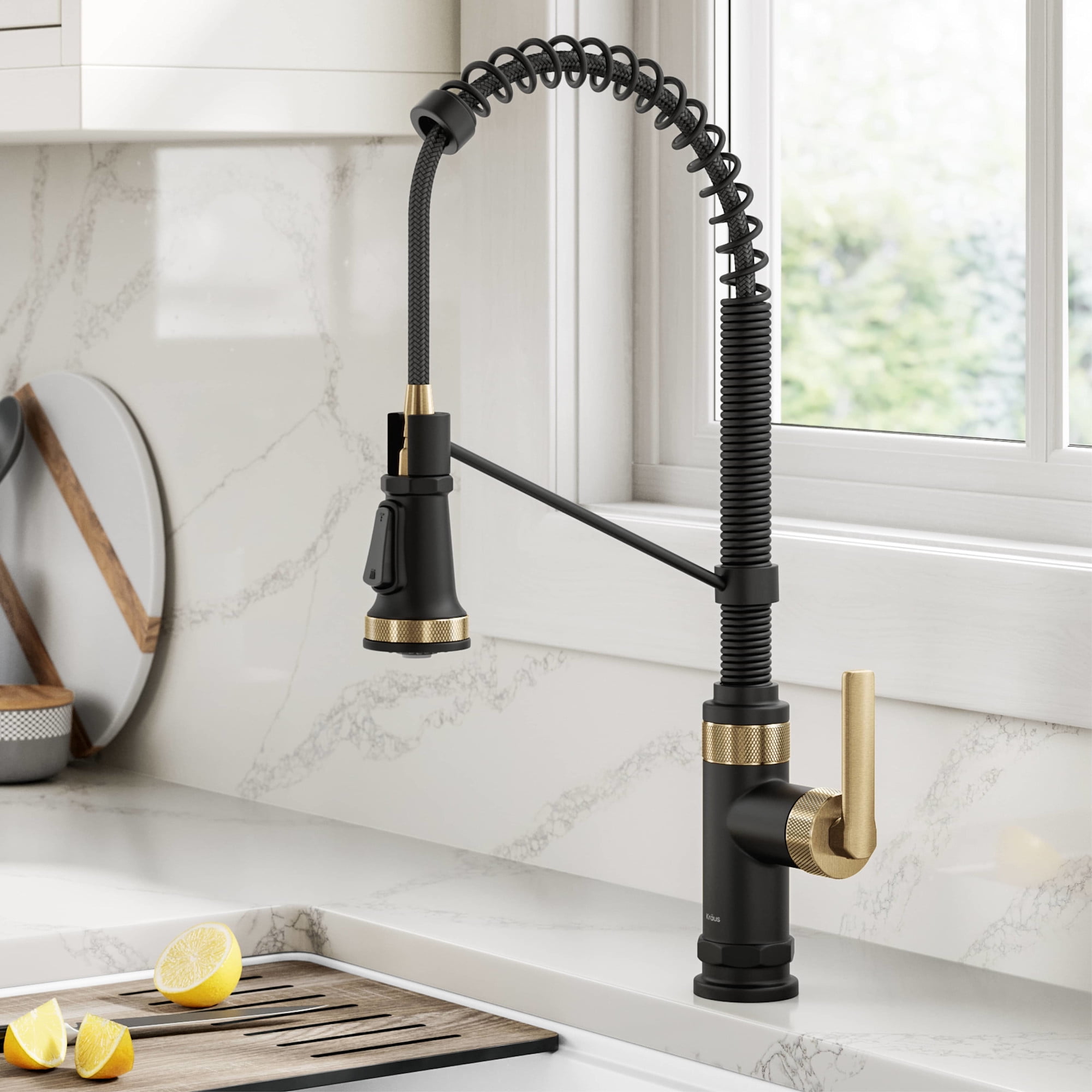 Allyn Matte Black and Brushed Brass Pull-Down Kitchen Faucet