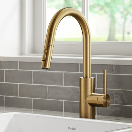 Kraus Oletto Single Handle Pull Down Kitchen Faucet in Brushed Brass Finish