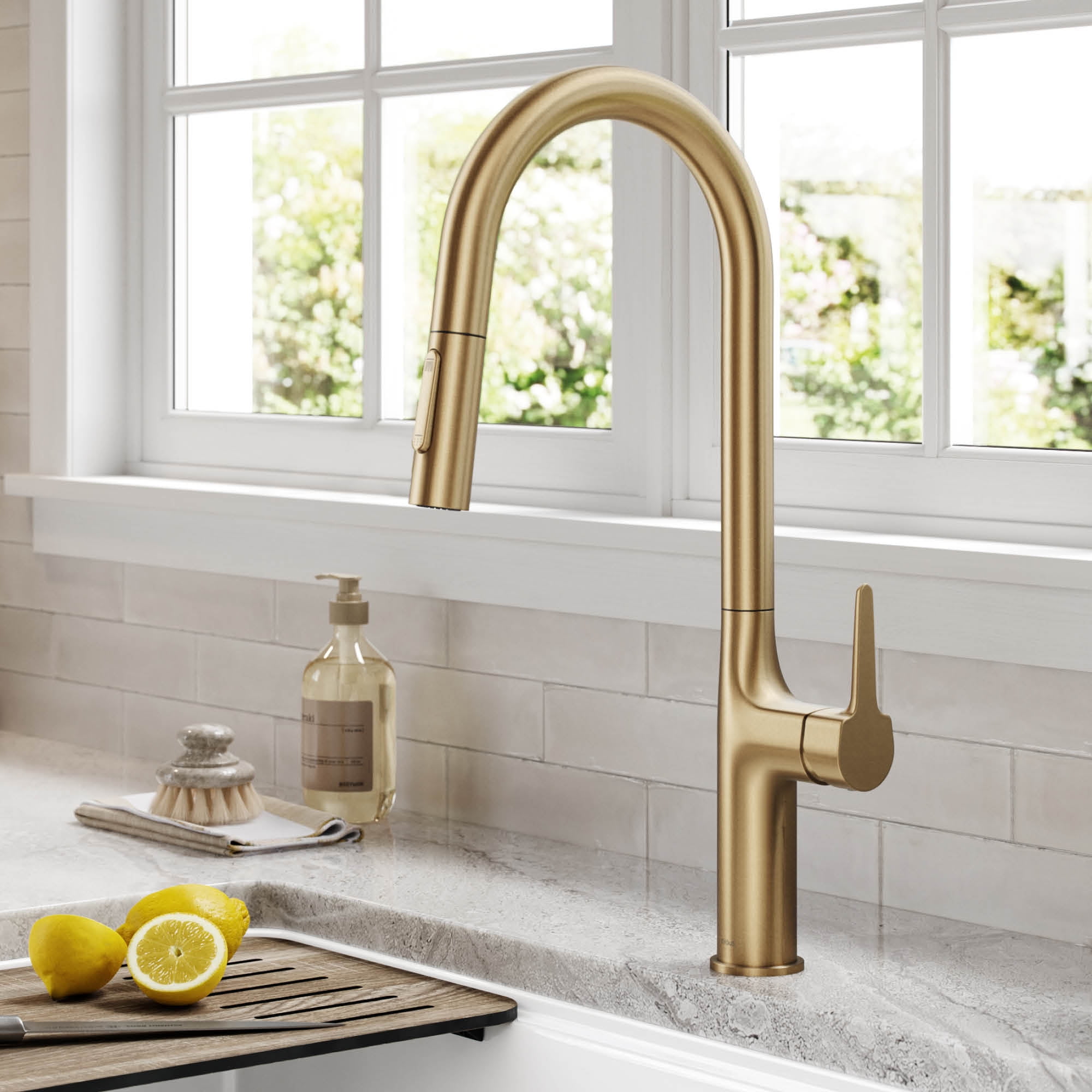 Kraus Oletto Tall Modern Pull-Down Single Handle Kitchen Faucet in Brushed Gold