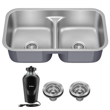 Kraus Premier 32” Undermount 50/50 Double Bowl with Low Divider 18-Gauge Stainless Steel Kitchen Sink with WasteGuard™ Continuous Feed Garbage Disposal