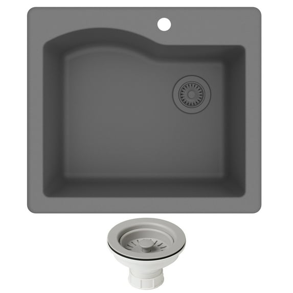 Kraus Quarza 25 Dual Mount Single Bowl Granite Kitchen Sink and Strainer in Grey