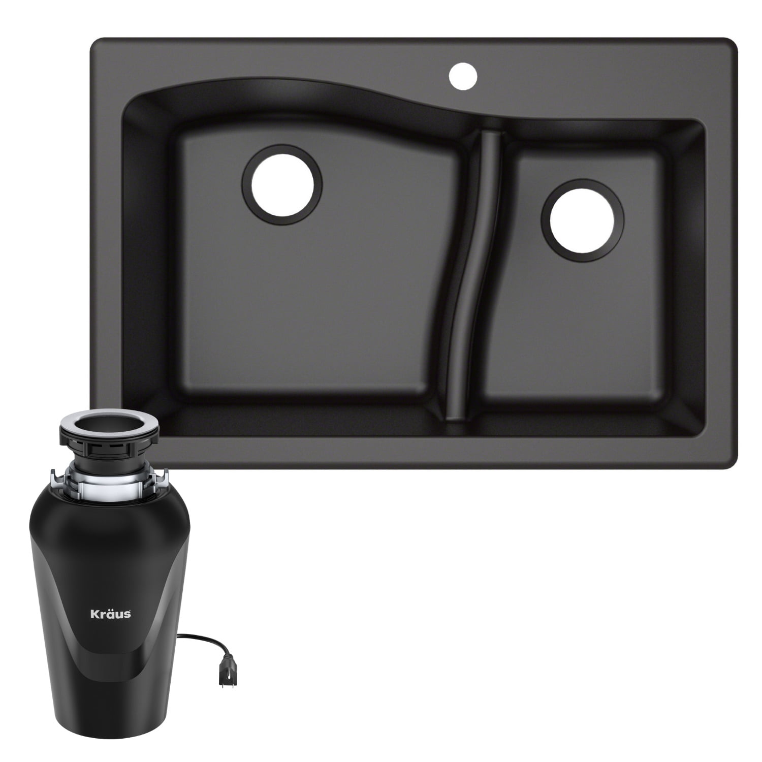 Kraus Quarza 33 Dual Mount 60/40 Double Bowl Granite Kitchen Sink in Black with Waste Guard Continuous Feed Garbage Disposal