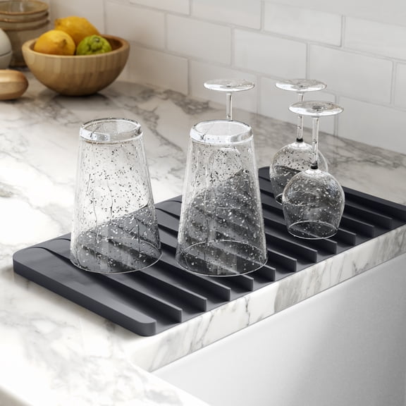 Kraus Self-Draining Silicone Dish Drying Mat or Trivet for Kitchen Counter in Dark Grey