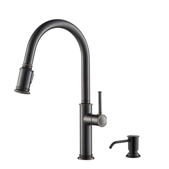 Kraus Sellette™ Single Handle Pull Down Kitchen Faucet with Deck Plate and Soap Dispenser in Oil Rubbed Bronze Finish
