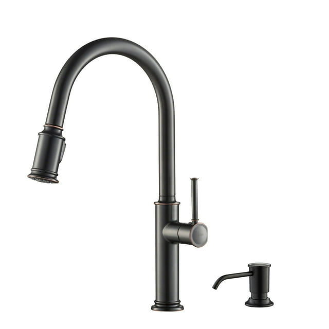 Kraus Sellette™ Single Handle Pull Down Kitchen Faucet with Deck Plate and Soap Dispenser in Oil Rubbed Bronze Finish
