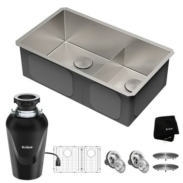 Kraus Standard PRO 32-inch 16 Gauge Undermount 60/40 Double Bowl Stainless Steel Kitchen Combo with Waste Guard Continuous Feed Garbage Disposal Sink