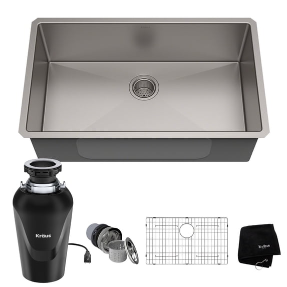 Kraus Standard PRO 32-inch 16 Gauge Undermount Single Bowl Stainless Steel Kitchen Sink with Waste Guard Continuous Feed Garbage Disposal
