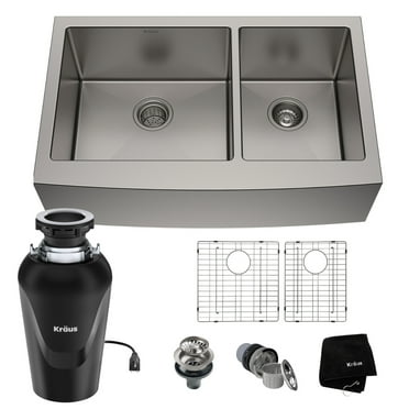 Kraus Standard PRO 36-inch 16 Gauge 60/40 Double Bowl Stainless Steel Farmhouse Kitchen Sink with Waste Guard Continuous Feed Garbage Disposal