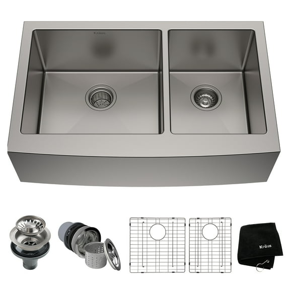 KRAUS Standart Pro 36" Apron Front Farmhouse 16 Gauge 60/40 Double Bowl Stainless Steel Kitchen Sink