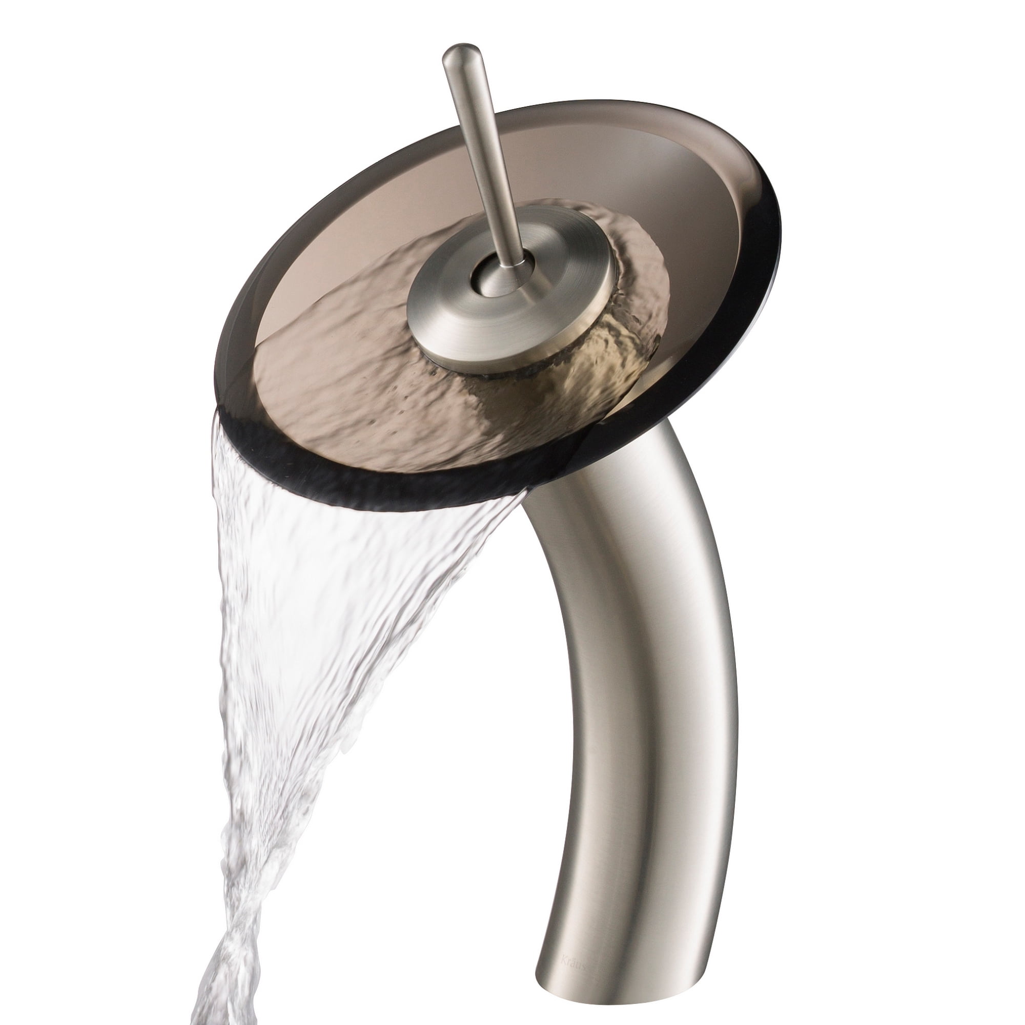 Satin Nickel and Clear Brown Glass Waterfall Vessel Faucet