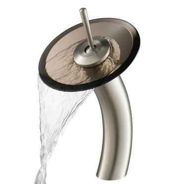 Kraus Tall Waterfall Bathroom Faucet for Vessel Sink with Clear Brown Glass Disk, Satin Nickel Finish