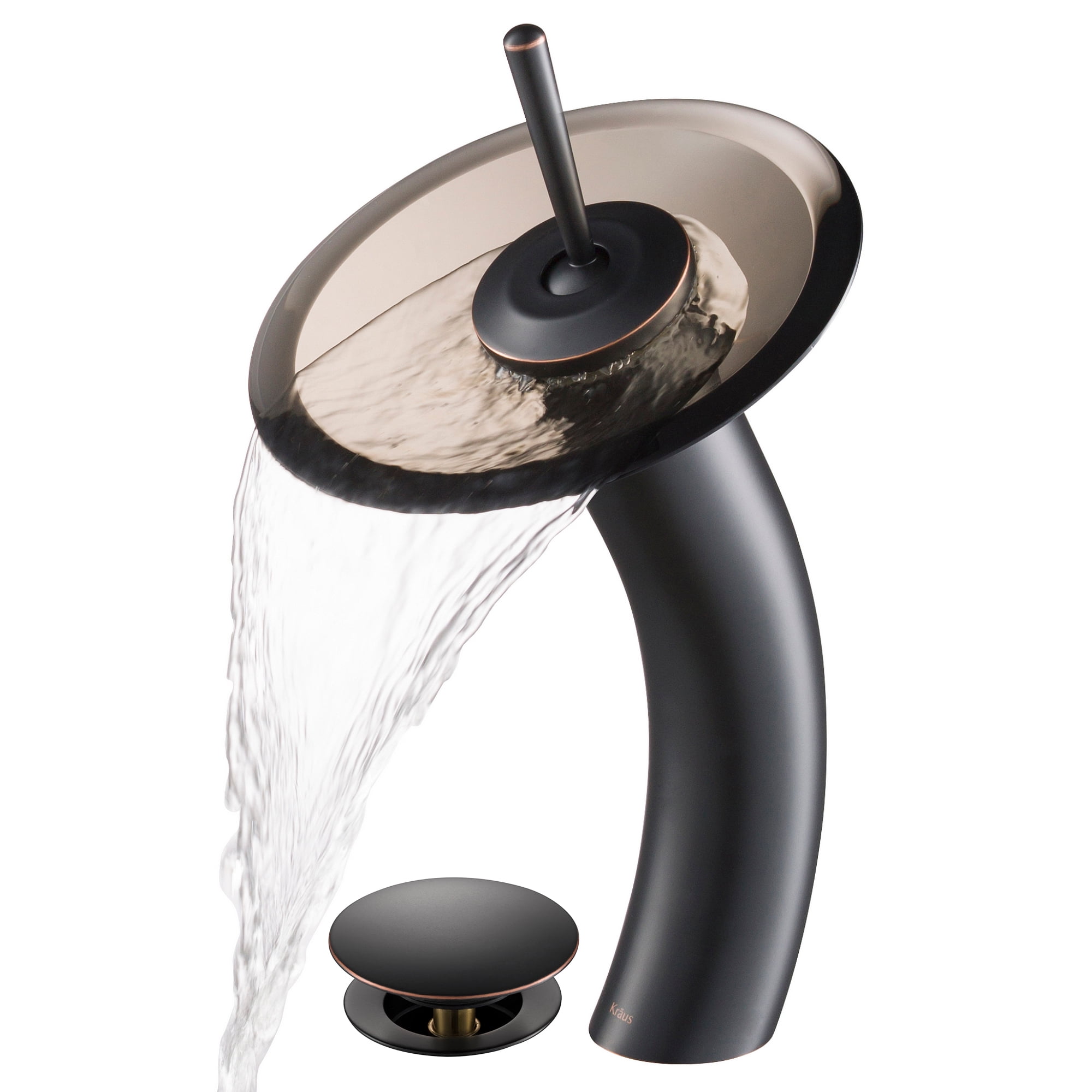 Kraus Tall Waterfall Bathroom Faucet for Vessel Sink with Clear Brown Glass Disk and Pop-Up ...