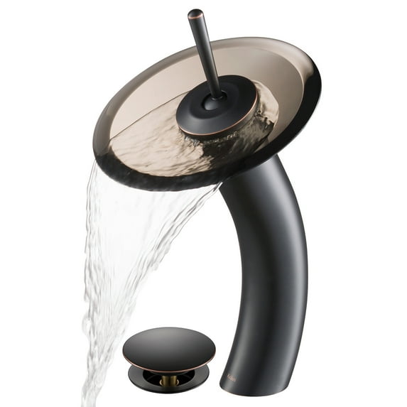 Kraus Tall Waterfall Bathroom Faucet for Vessel Sink with Clear Brown Glass Disk and Pop-Up Drain, Oil Rubbed Bronze Finish