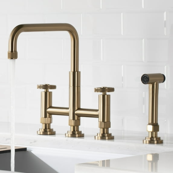 Kraus Urbix™ Industrial Bridge Kitchen Faucet with Side Sprayer in Brushed Gold