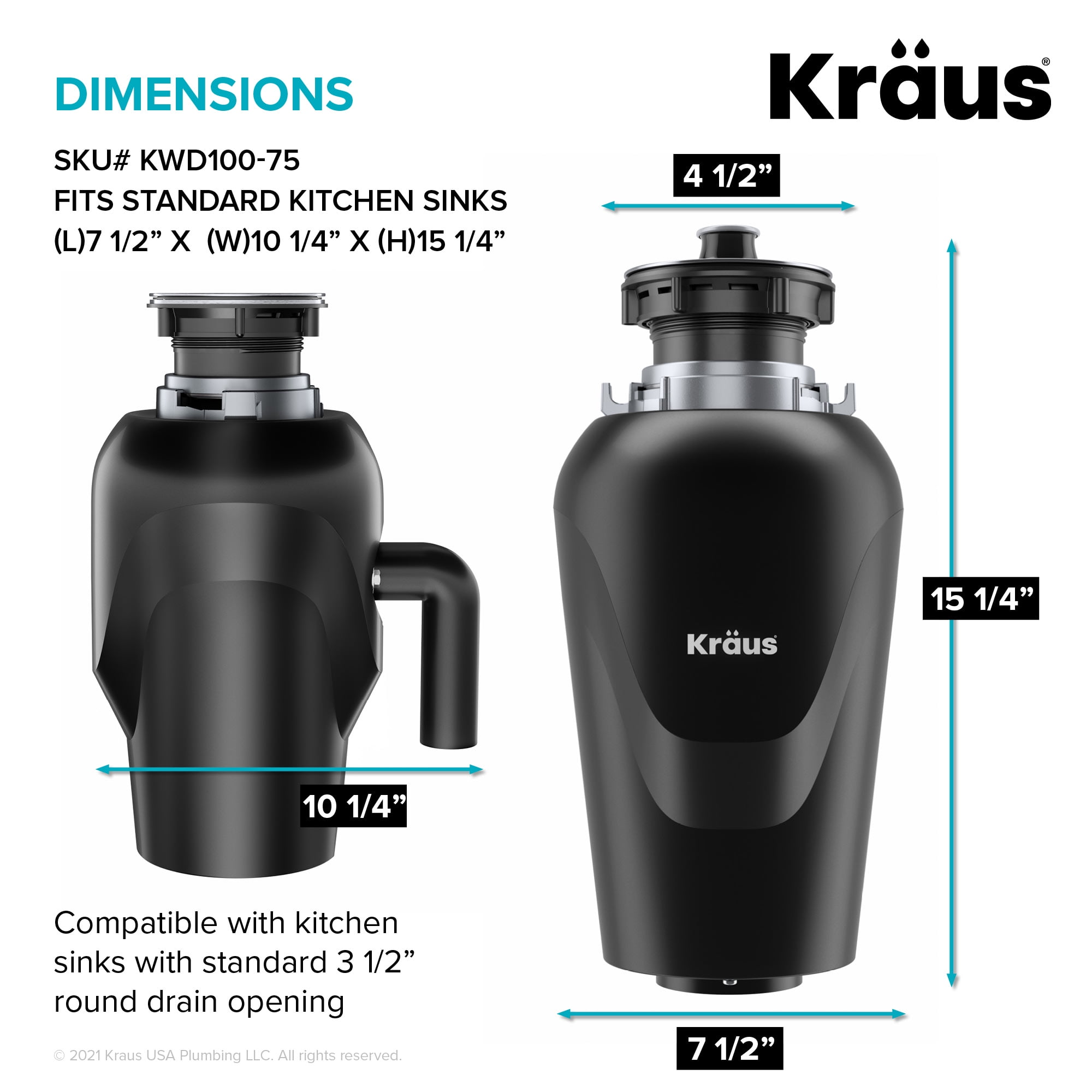 Kraus KWD100-33MBL WasteGuard High-Speed 1/3 HP Continuous Feed Ultra-Quiet Motor Garbage Disposal