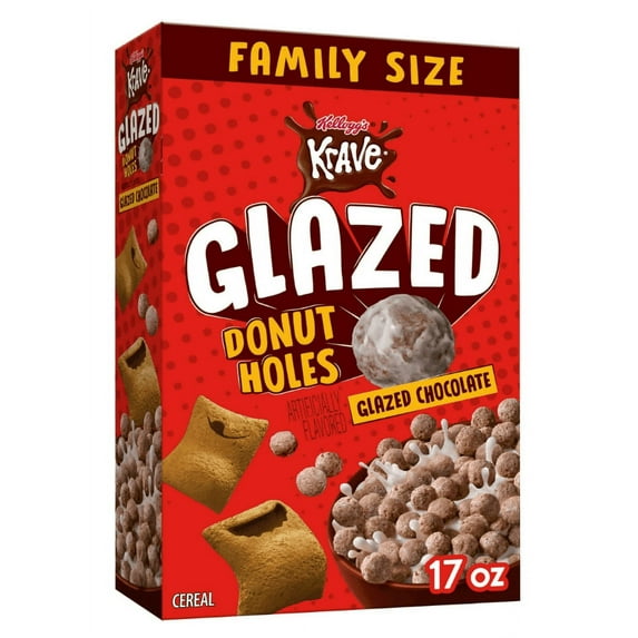 Krave Glazed Donut Holes Breakfast Cereal, Kids Cereal, Family Breakfast, Family Size, Glazed Chocolate, 17oz Box Kellogg's
