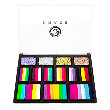 Kraze FX Professional Face Painting Split Cake Palette, Water Activated, Hypoallergenic, Safe, Non Toxic Halloween Party Makeup Face Paint Kit for Kids & Adults (9 Splitcake, 4 Glitter Set)