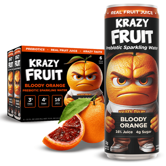 Krazy Fruit Prebiotic Sparkling Water, Blood Orange Flavor, 16% Real Fruit Juice, 3g Prebiotic Fiber, No Artificial Sweeteners, 12 fl oz, 6 Count