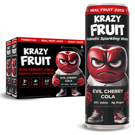 Krazy Fruit Evil Cherry Cola Prebiotic Sparkling Water made with Real Fruit Juice, Low Calorie, 6-Pack 12 fl oz Cans