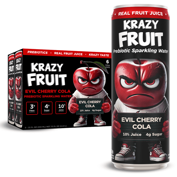 Krazy Fruit Evil Cherry Cola Prebiotic Sparkling Water made with Real Fruit Juice, Low Calorie, 6-Pack 12 fl oz Cans
