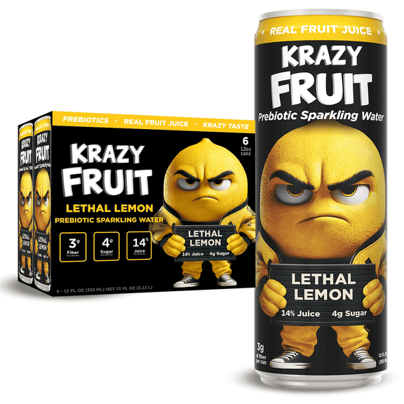 Krazy Fruit Lethal Lemon Prebiotic Sparkling Water made with Real Fruit Juice, Low Calorie, 6-Pack 12 fl oz Cans