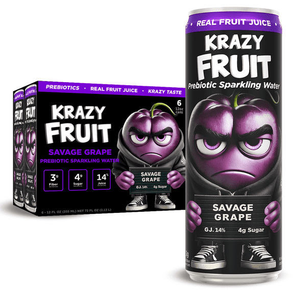 Krazy Fruit Savage Grape Prebiotic Sparkling Water made with Real Fruit Juice, Low Calorie, 6-Pack 12 fl oz Cans