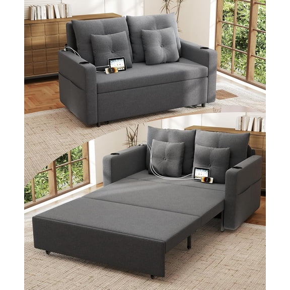 Krcix 3 in 1 Sofa Bed, 56 Inch Convertible Pull Out Couch, Loveseat Sleeper Sofa with Cup Holders, USB, Sofa Couches for Living Room, Bedroom, Apartment, Light Grey