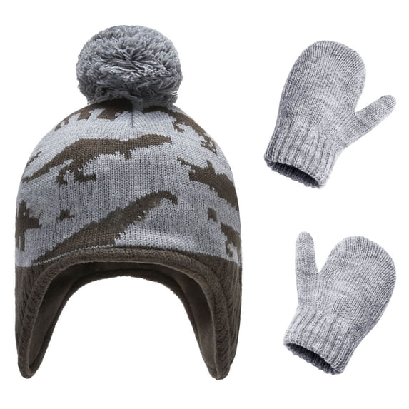 Krdevn 2Pcs Kids Winter Set Dinosaur Camo Print Pom Pom Earflap Beanie Lined Knit Mittens Windproof Warm Cold Weather for Toddler Boys Girls Outdoor Play