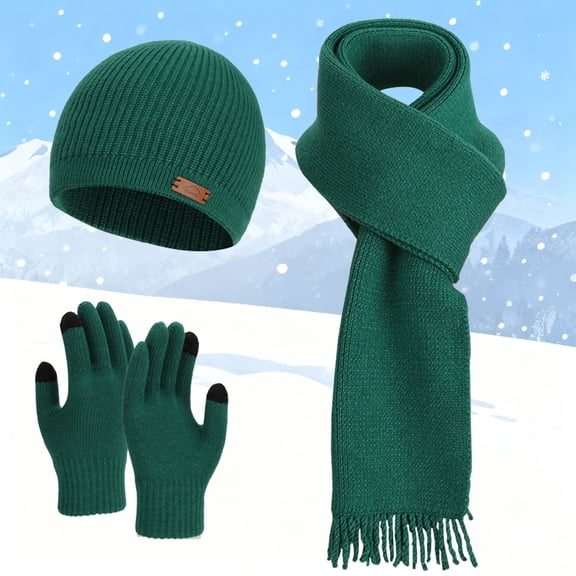 Krdevn Adult Knitted Scarf Hat Gloves Set Solid Color Fringe Windproof Warm Winter Outdoor Daily Use,One Size