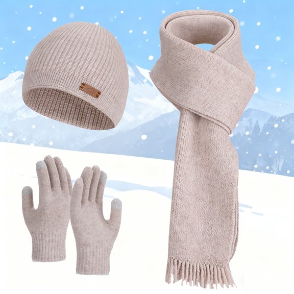 Krdevn Adult Knitted Scarf Hat Gloves Set Solid Color Fringe Windproof Warm Winter Outdoor Daily Use,One Size
