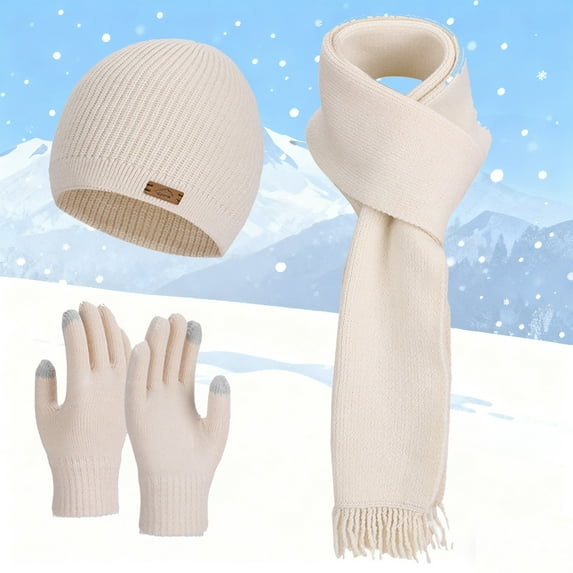 Krdevn Adult Knitted Scarf Hat Gloves Set Solid Color Fringe Windproof Warm Winter Outdoor Daily Use,One Size