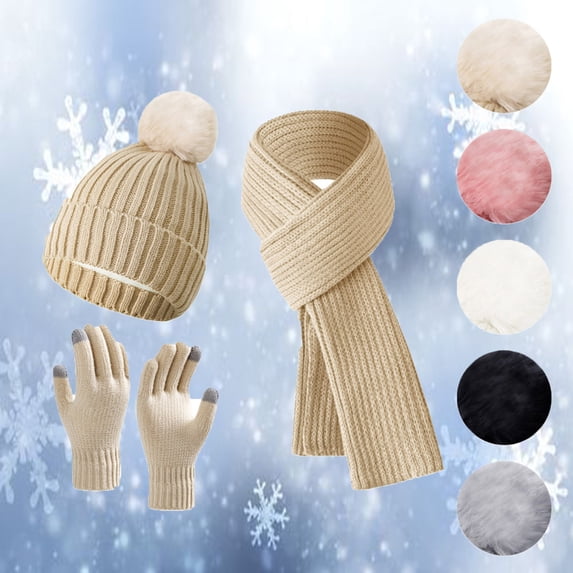 Krdevn Adults Thick Knit Winter Hat Scarf Gloves Set Thermal Warm Knitted Cold Weather Accessory Kit for Men Women,Beige
